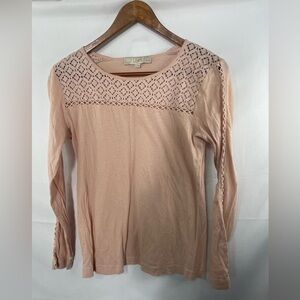 Loft Petite Small natural pink eyelet blouse. Long sleeve cotton blend.
